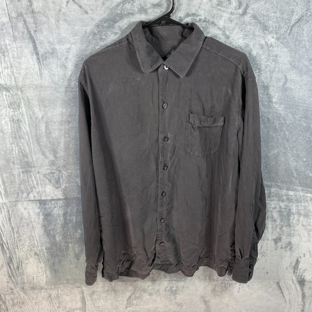 Tommy Bahama Shirt Mens XL Solid Black 100% Silk Long Sleeve Button Down Camp
